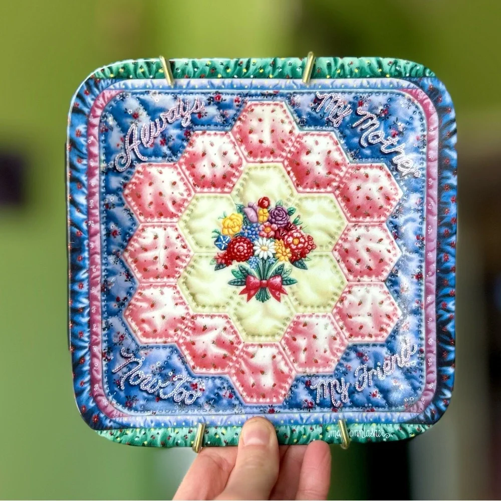VTG Vibrantly Colored Faux Stitch Quilted Square Plate Mom + Friend Wall Decor